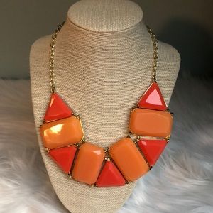 Stunning Coral and Orange Geometric Jeweled Statement Bib Necklace Gold Hardware